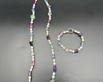 Fluorite Beaded Necklace and Bracelet Set / Pastel Gemstone Necklace | Witchy Boho Jewelry