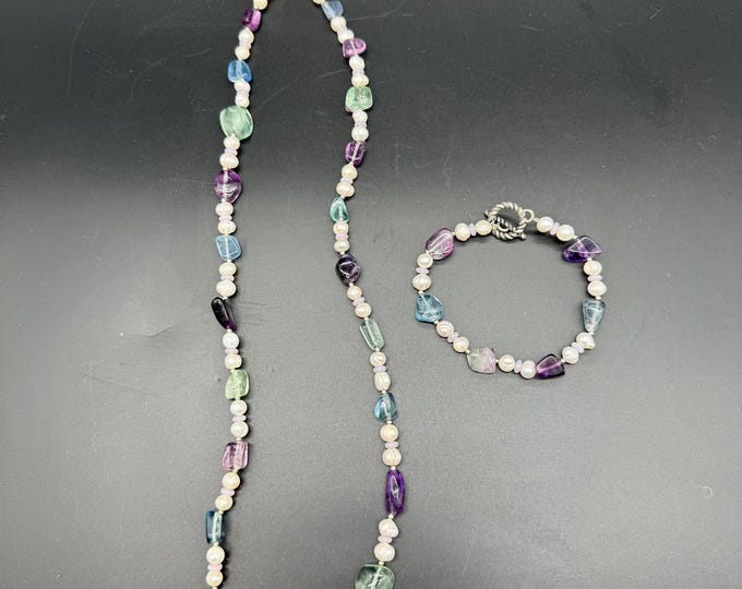 Fluorite Beaded Necklace and Bracelet Set / Pastel Gemstone Necklace | Witchy Boho Jewelry