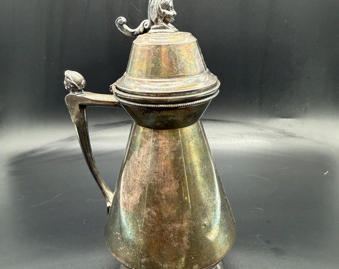 Antique Meriden Britannia Quadruple Plate Silverplate Syrup Pitcher | Victorian Figural Lid | Ornate Silver-Plated Server