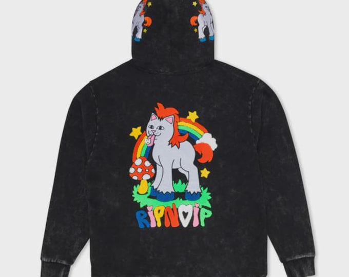 RIPNDIP Hoodie | Acid Wash Gray | Rainbow Cat Graphic | Unisex Streetwear