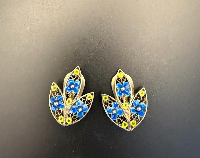 Vintage Floral Enamel Clip-On Earrings | Blue & Yellow Flowers | Gold Tone Filigree | Mid Century Style