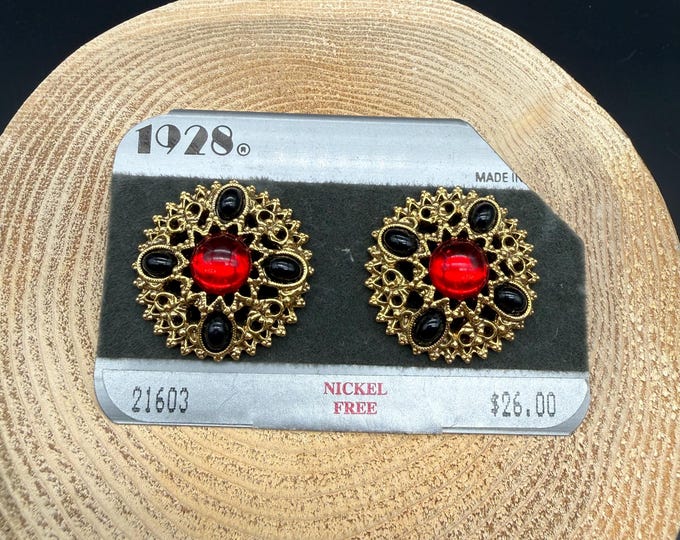 Vintage Filigree Clip On Earrings | Red & Black Cabochon, Gothic Glam
