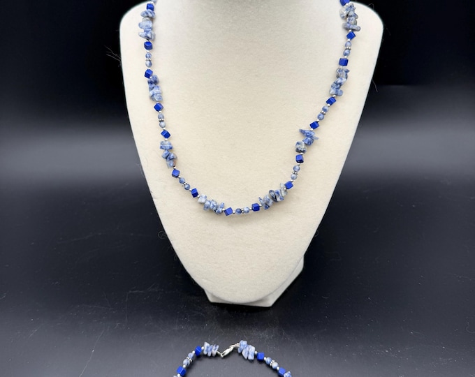 Blue Stone Necklace & Bracelet Set – Beaded Gemstone Jewelry – Lapis Style Chips  Glass Beads