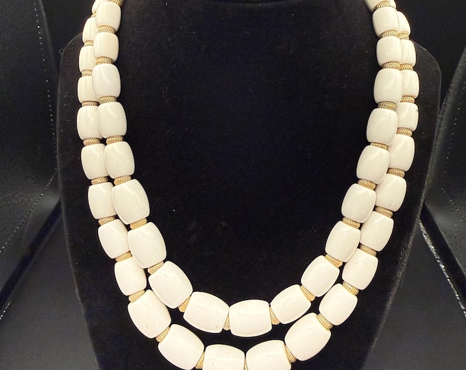 Vintage Crown Trifari Double Strand White Bead Necklace • Mid-Century Statement Jewelry • Gold Tone Spacers