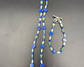 Lapis Heart Necklace and Bracelet Set | Blue Stone Jewelry | Boho Crystal Jewelry | Vintage Toggle Clasp Set