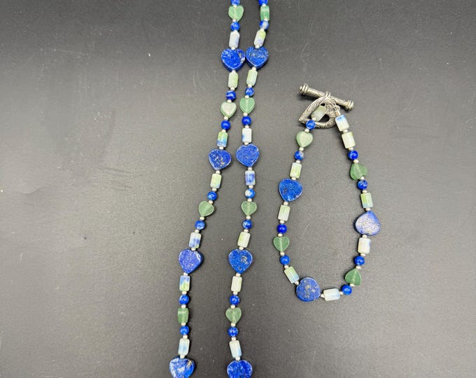 Lapis Heart Necklace and Bracelet Set | Blue Stone Jewelry | Boho Crystal Jewelry | Vintage Toggle Clasp Set