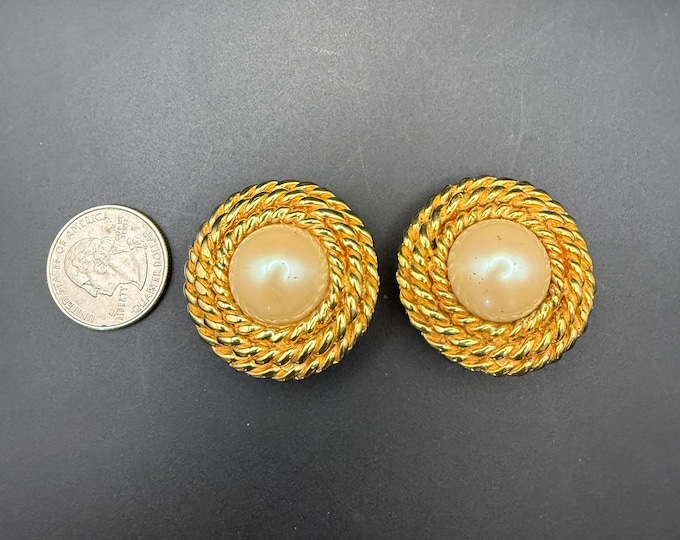 Vintage F.M. Lambert Gold Rope Clip-On Earrings with Faux Pearl Cabochons