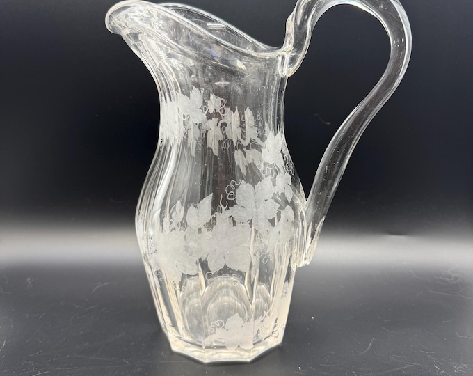 Vintage Etched Glass Pitcher: Grapevine Pattern Water Service