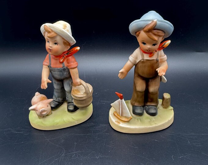 Vintage Erich Stauffer Arnart Boy Figurines: Farm Boy Pig, Sailboat Mid-Century Ceramics