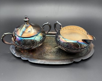 Vintage Silverplate Cream & Sugar Set with Tray | Iridescent Silver on Copper | Tea Service