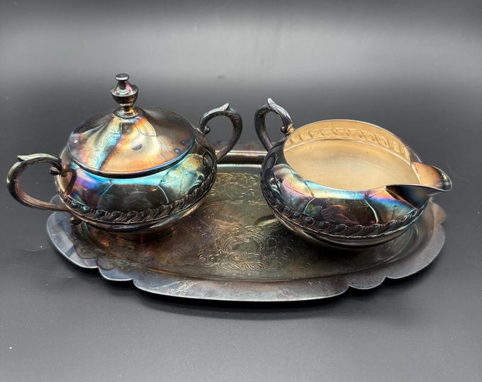 Vintage Silverplate Cream & Sugar Set with Tray | Iridescent Silver on Copper | Tea Service