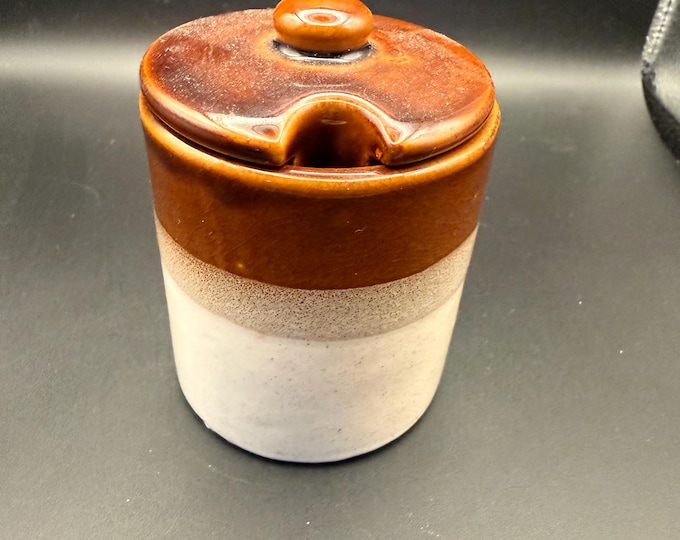 Vintage Stoneware Lidded Jar – 1960s–1970s Studio Pottery – Brown & Cream Canister