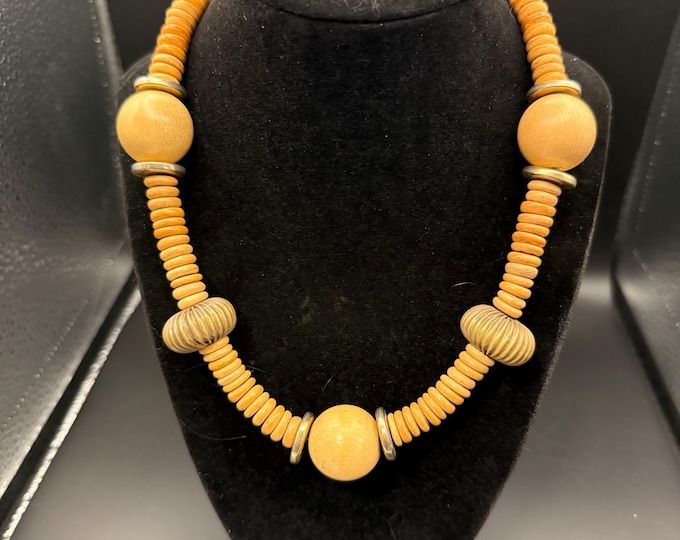 Vintage Wood & Brass Necklace | Minimalist Artisan Jewelry | Natural Beads | 1990s Modern