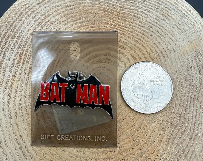 Vintage Batman Enamel Pin | Black Bat Logo Red Lettering | Gift Creations Inc | NOS Superhero Collectible