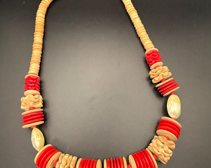 Vintage Boho Wood Necklace | Red & Natural Disc Beads | Artisan Tribal Statement Jewelr