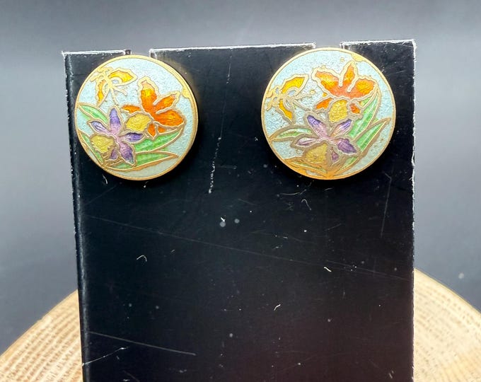 Vintage Cloisonné Floral Stud Earrings | Gold Tone Round Enamel | Colorful Flower Design