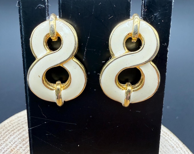 Vintage White Enamel Link Earrings | Gold Tone Abstract Design | Retro Statement Earrings
