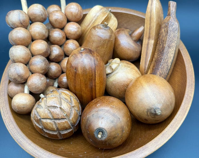 Vintage Wooden Fruit Bowl Set – Hand Turned Wood Decor – 1970s Kitchen Centerpiece