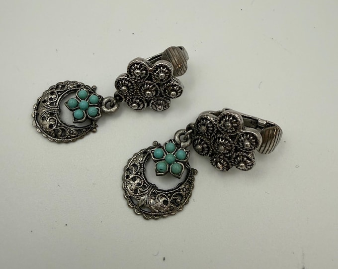 Vintage Silver Tone Filigree Drop Earrings with Turquoise Colored Cabochons | Boho Ethnic Clip-On Earrings