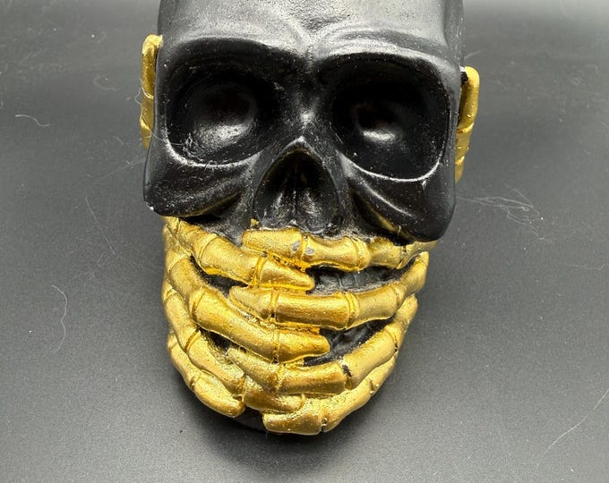 Black Skull Gold Skeleton Hands Figurine Gothic Halloween Decor Creepy Macabre Oddities