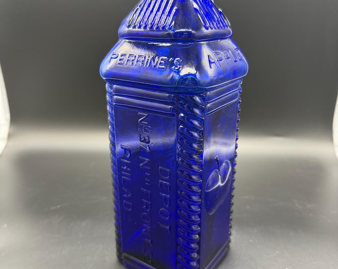 Vintage Perrine’s Apple Ginger Cobalt Blue Glass Bottle 1970s Apothecary Bitters Reproduction
