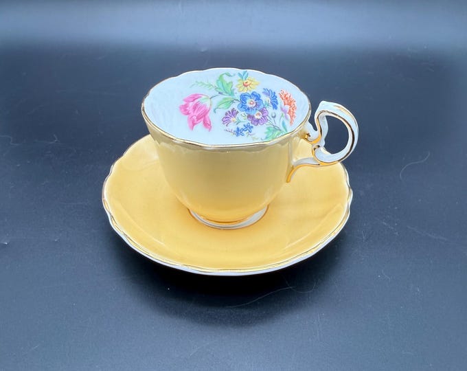 Vintage Yellow Aynsley Teacup and Saucer | English Bone China Tea Set | Floral Interior | Made in England