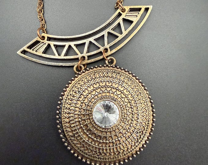 Vintage Boho Statement Necklace – Antique Gold Tone Medallion Pendant -Tribal Style Jewelry