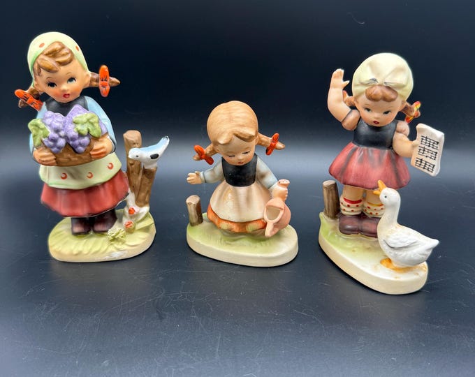 Vintage Enesco Japan Ceramic Girl Figurines: Grapes, Watering Can, Goose