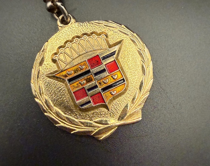 Vintage Cadillac Crest Medallion Keychain • Gold Tone Enamel Emblem • Classic Car Collectible • Automotive Memorabilia