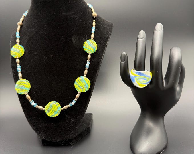 Vintage Art Glass Necklace Statement Ring Set – Blue Chartreuse Swirl – Handmade Glass Jewelry