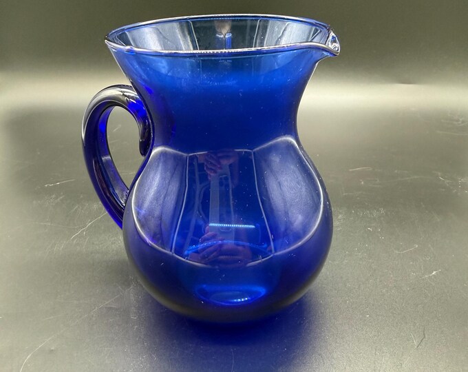Vintage Cobalt Blue Hand Blown Art Glass Pitcher – Small Water Juice Vase