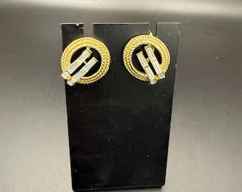 Vintage Trifari Gold Tone Rope Clip Earrings with Baguette Rhinestones