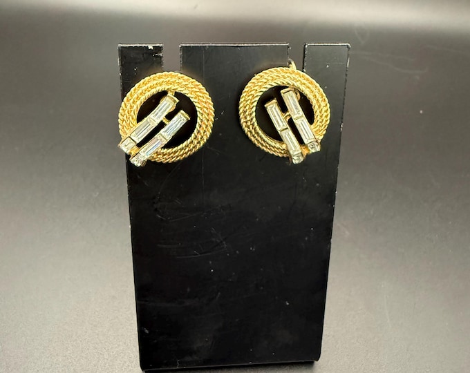 Vintage Trifari Gold Tone Rope Clip Earrings with Baguette Rhinestones