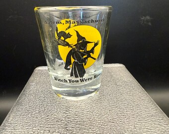 Vintage Salem Massachusetts Shot Glass – “Witch You Were Here” – Witch & Cat Design – Salem MA Souvenir – Witchcraft Collectible