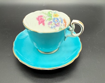 Vintage Turquoise Aynsley Teacup and Saucer | English Bone China | Floral Interior Tea Cup | Made in England