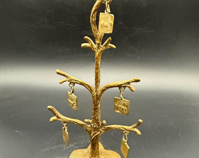 Vintage Brass Chinese Zodiac Fortune Tree Hanging Animal Charms Asian Decor Patina