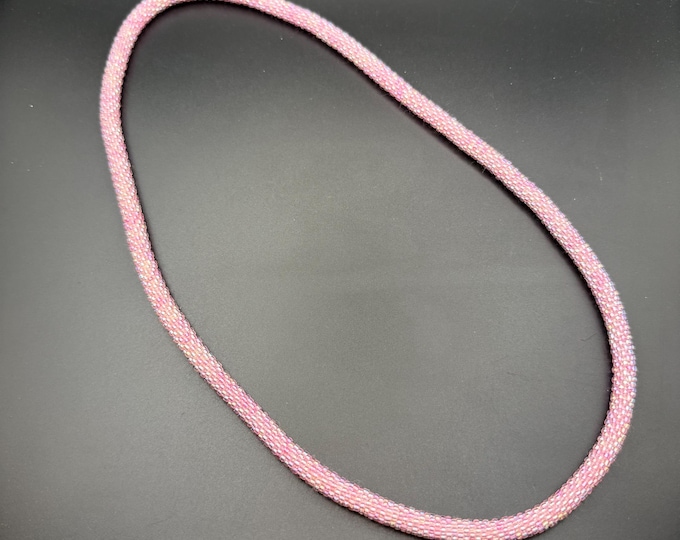 Vintage Pink Seed Bead Rope Necklace – Handwoven Beaded Tube – Lightweight & Feminine