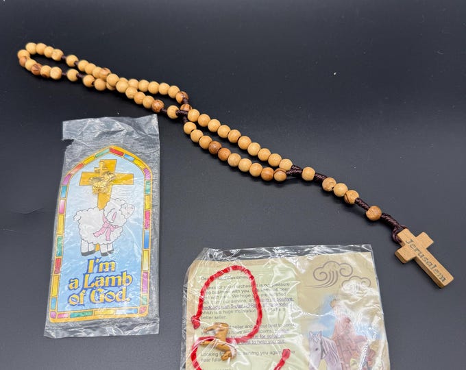Vintage Wooden Rosary with “Jerusalem” Cross & Lamb of God Prayer Card