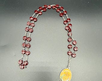 Vintage Catholic Devotional Necklace – Red Glass Beads with Saint Image Medal