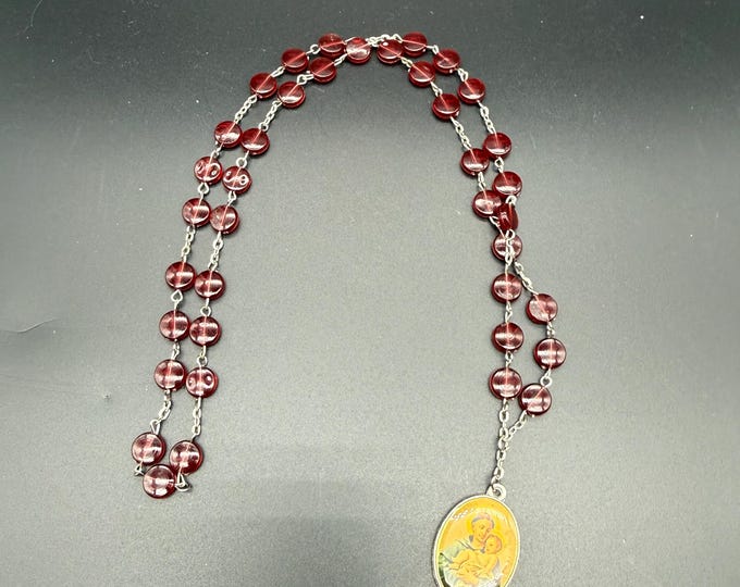Vintage Catholic Devotional Necklace – Red Glass Beads with Saint Image Medal