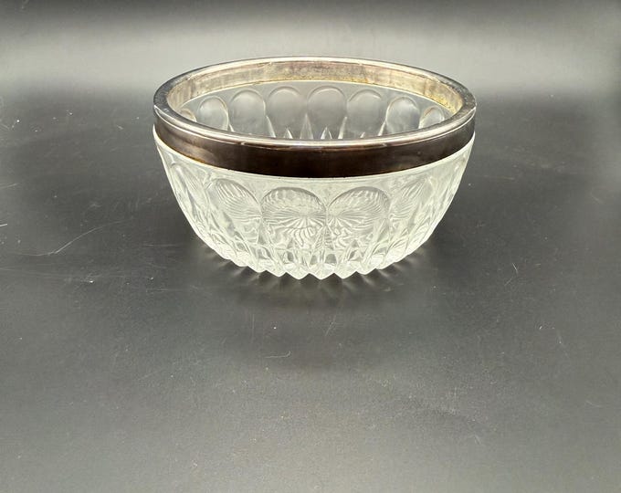 Vintage Pressed Glass Bowl with Silverplate Rim – Starburst Pattern – Candy or Trinket Dish