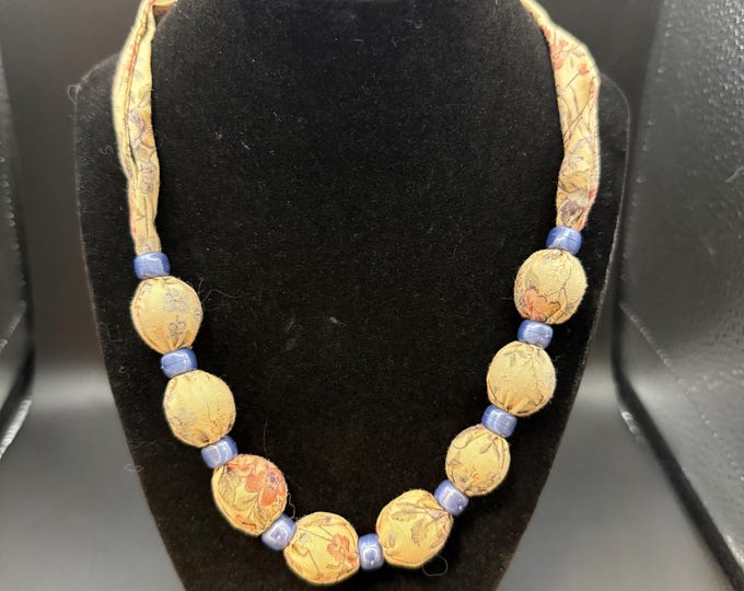 Vintage Fabric-Wrapped Bead Necklace – Floral Print – Blue Spacer Beads – Adjustable Tie Closure