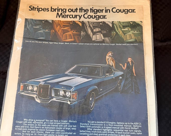 1971 Mercury Cougar Vintage Print Ad | “Stripes Bring Out the Tiger” | Classic Muscle Car Wall Art