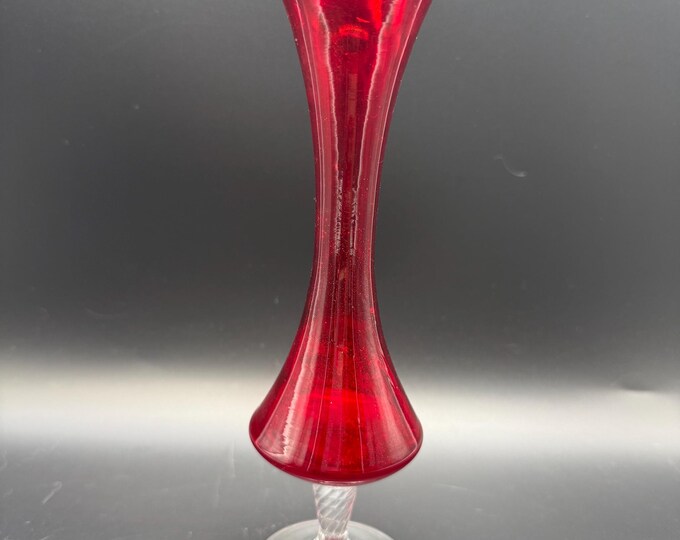 Vintage Ruby Red Art Glass Bud Vase Clear Twisted Stem Mid Century Footed Glass Vase 10 Inch