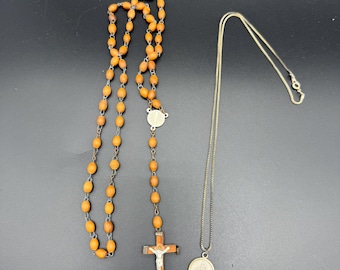Vintage Cocoa Wood Rosary with Wooden Crucifix + St. Anthony Medal Necklace