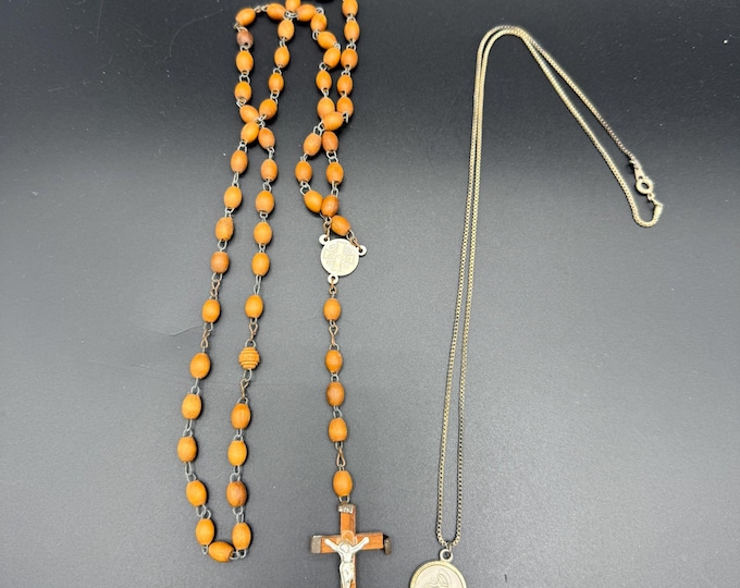 Vintage Cocoa Wood Rosary with Wooden Crucifix + St. Anthony Medal Necklace