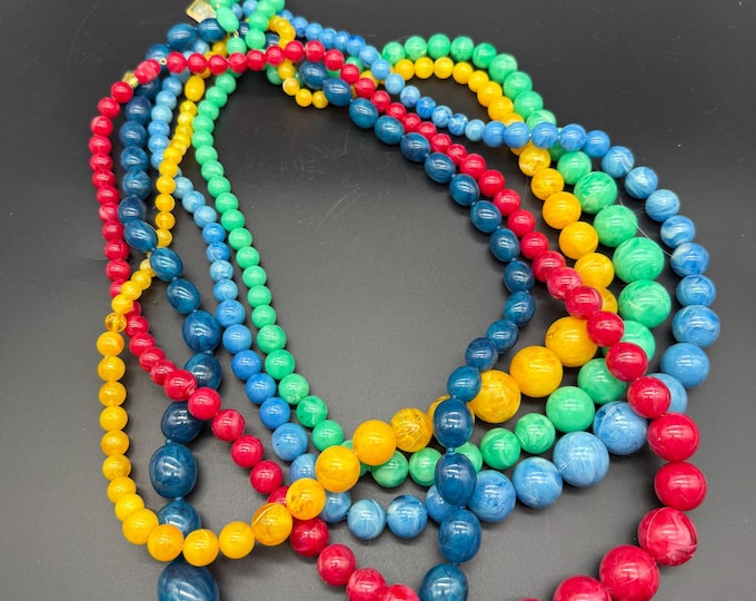 Vintage Beaded Necklace Lot | Contempra Plastic Beads | Red Blue Green Yellow | Mid Century Retro Jewelry Se