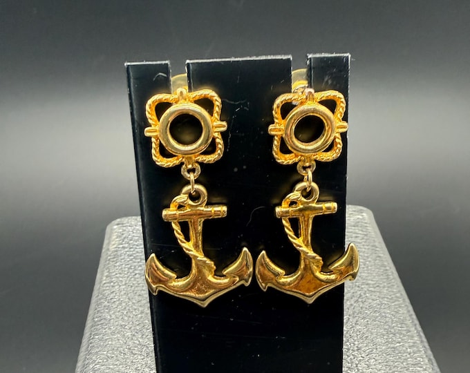 Vintage Gold-Tone Anchor Earrings – Nautical Statement Drop Earrings