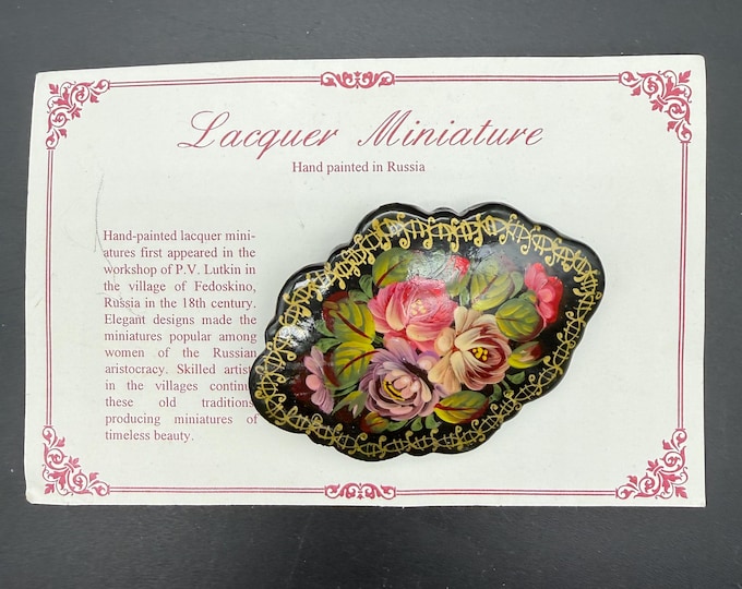 Russian Hand Painted Lacquer Brooch | Floral Miniature Fedoskino Style Pin | Vintage Russian Art Jewelry