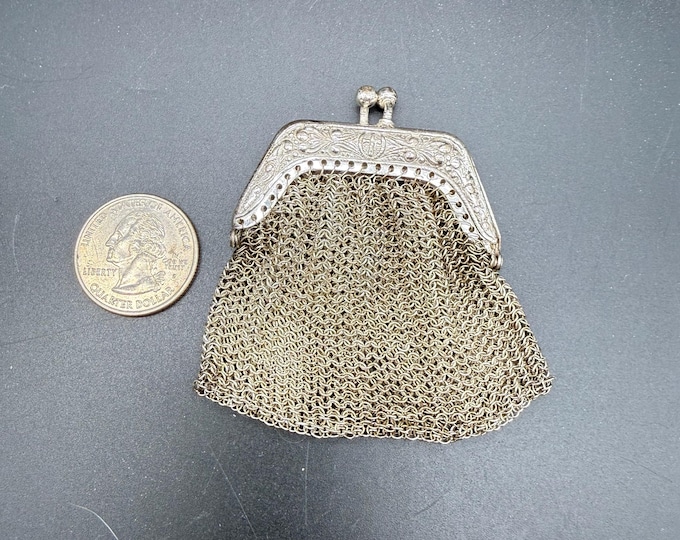 Vintage Silver Tone Mesh Coin Purse Charm | Child’s Rosary Holder | Finger Purse